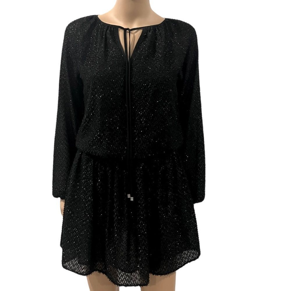 Michael Kors Black Black Shimmer V-Neck Blouson Mini Dress Size XXS